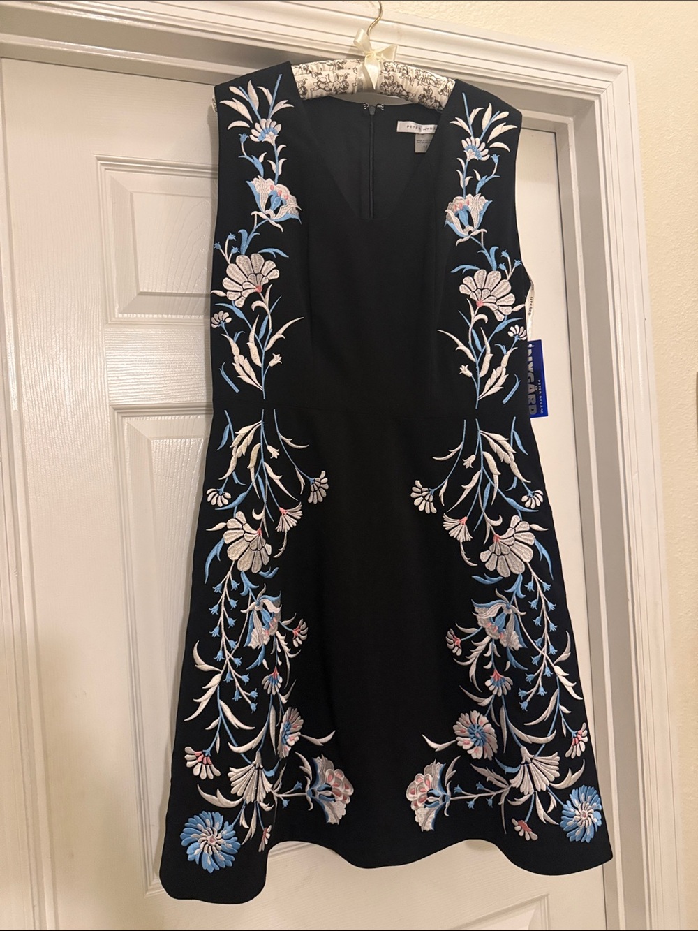 Black Dress with Blue, White & Pink Floral Embroidery